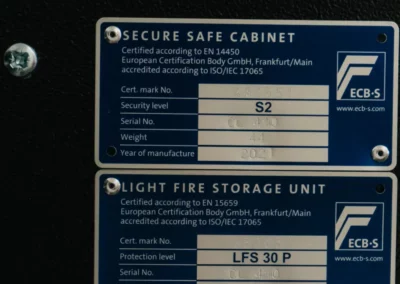 The specs and serial number of a German safe