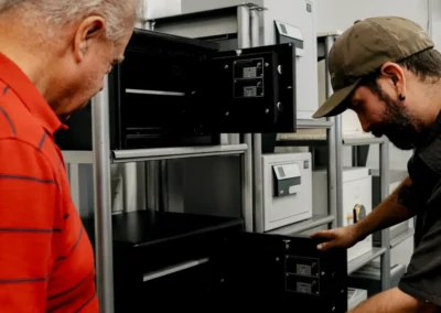 The business owner demonstrates a small safe