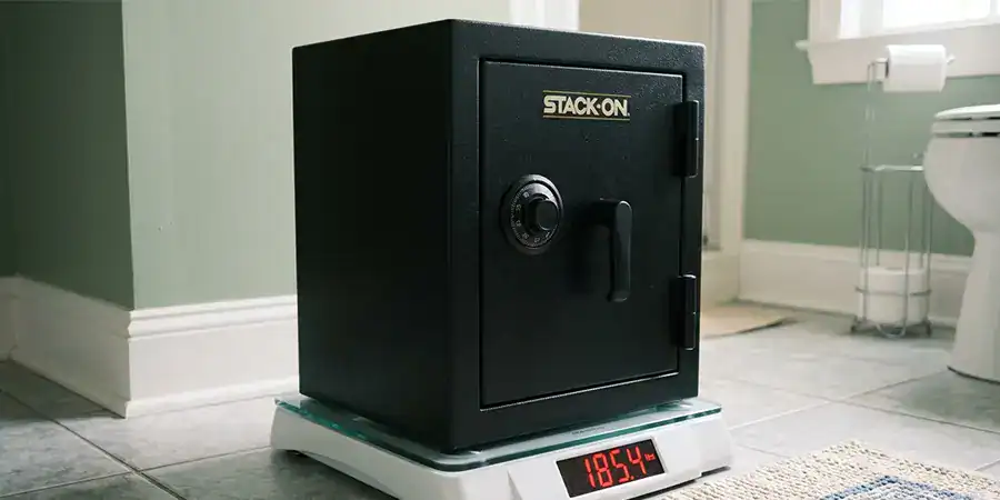 A safe on a bathroom scale