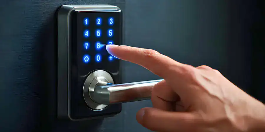 A woman opens an electronic lock