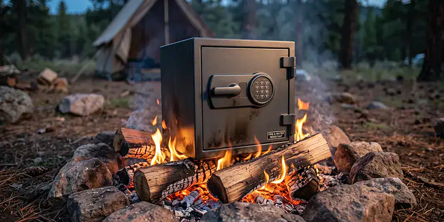 A fireproof safe on a campfire