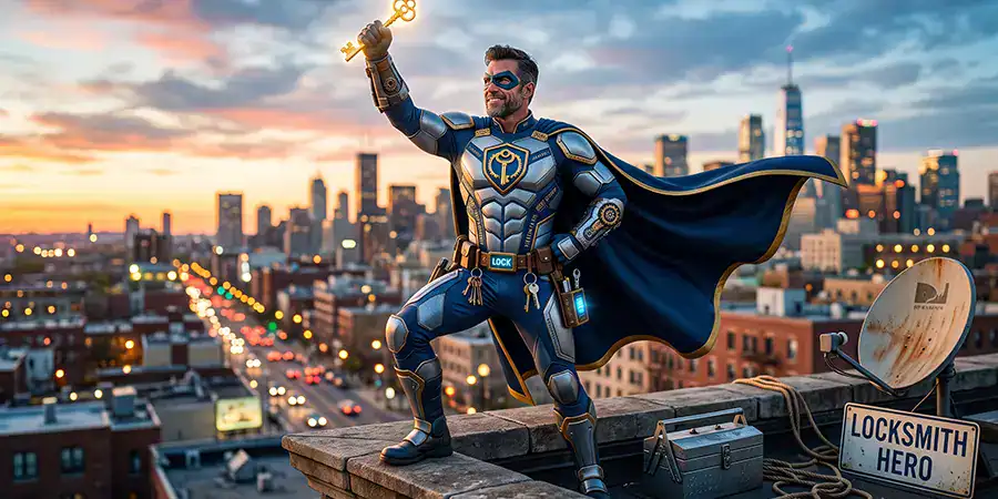 A locksmith hero strikes a pose