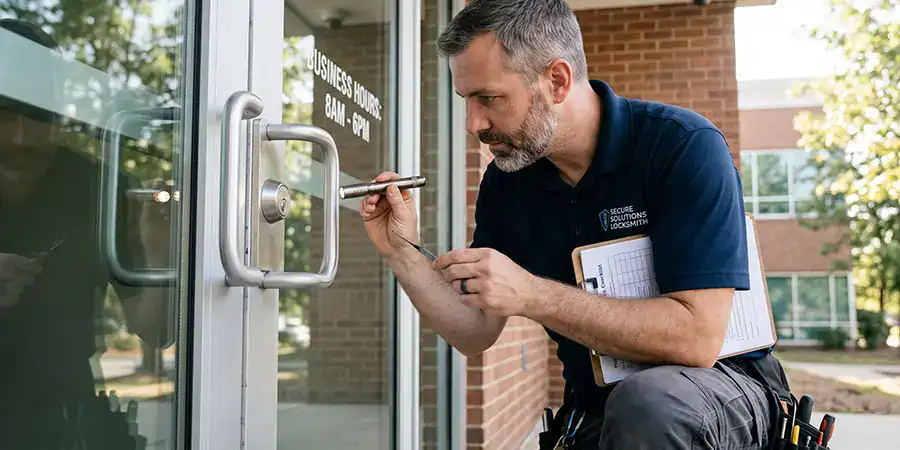 A locksmith checks a door lock