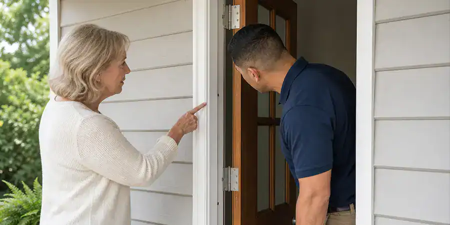 A locksmith inspects a door frame